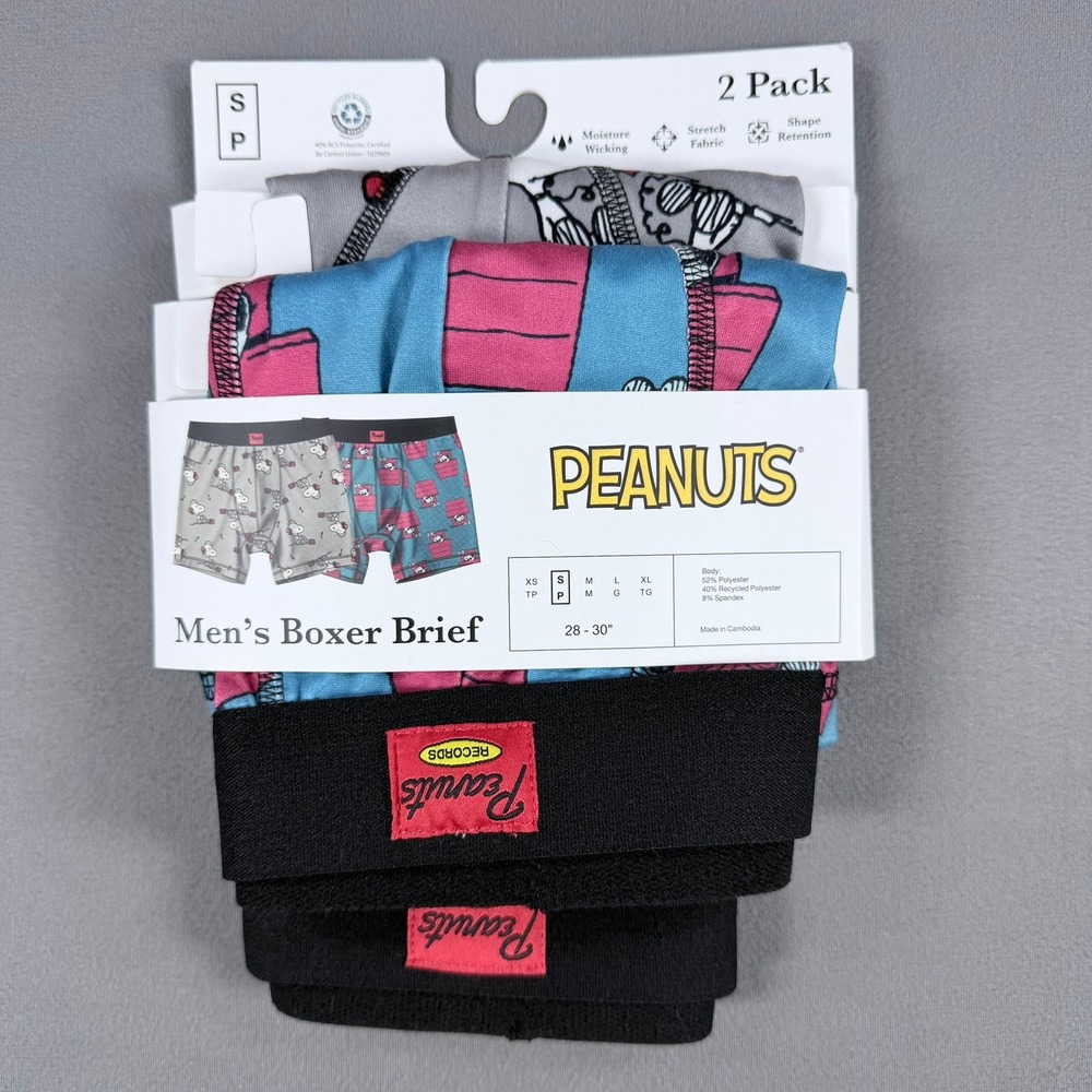 Peanuts Mens Small S Multi Poly Spandex Snoopy Boxer Brief Underwear 2 Pack New